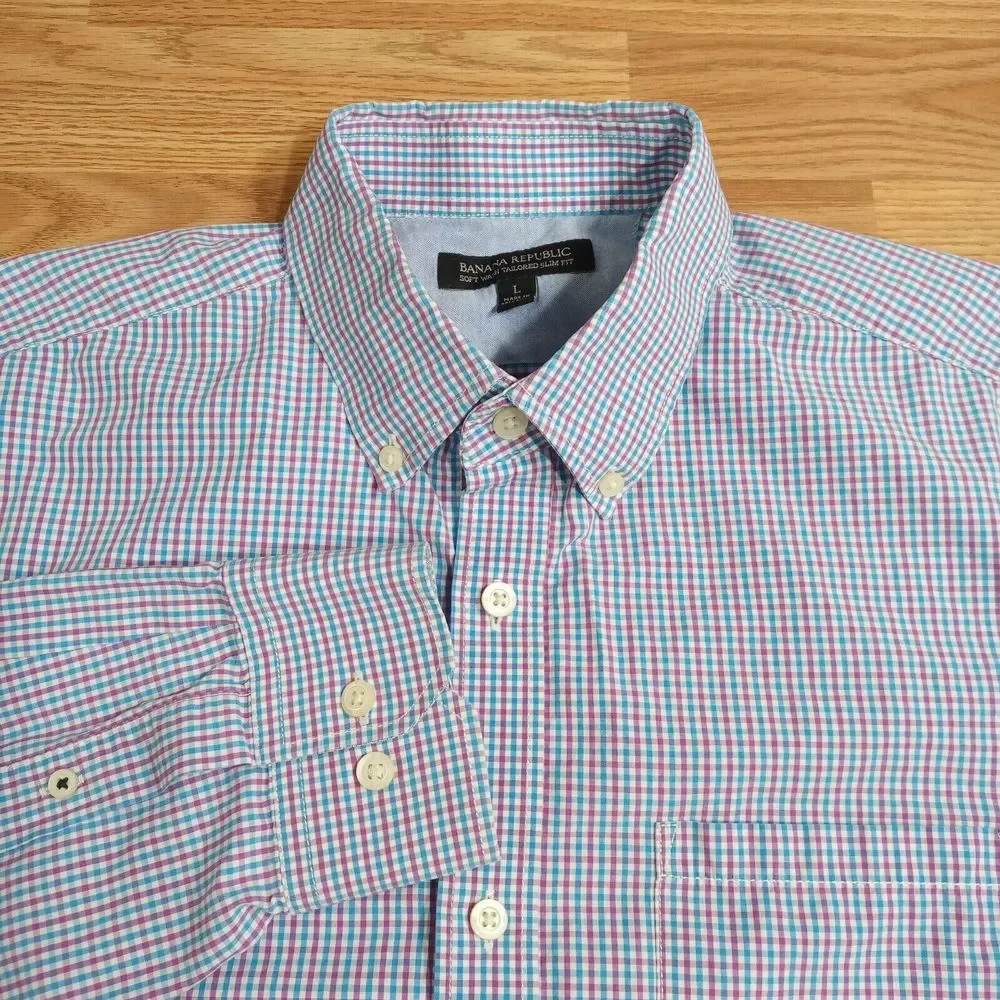 Banana‎ Republic Mens Shirt Sz L Long Sleeve Slim Fit Gingham Cotton Button Down